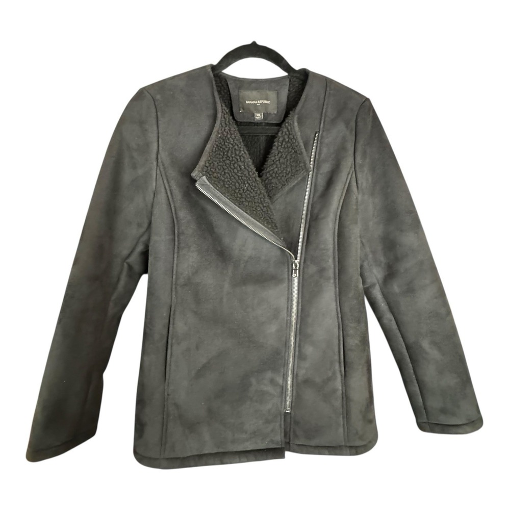 Banana Republic Faux Suede Shearling Sherpa Lined Moto Jacket Black Women's XS